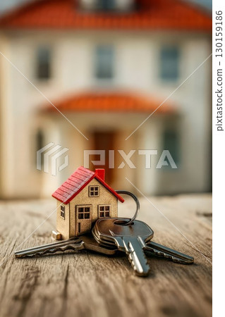 House keys with miniature home model in front of real house. Real estate concept for buying selling renting or mortgage House keys with miniature home model in front of real house. Real estate concept for buying selling renting or mortgage 130159186