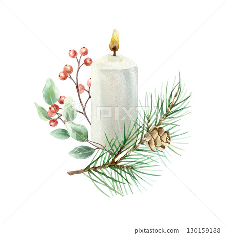 Christmas candle with green fir branch, red berries, eucalyptus leaves and pine cone. Hand drawn watercolor pastel illustration for New Year cards and posters. Christmas candle with green fir branch, red berries, eucalyptus leaves and pine cone. Hand drawn watercolor pastel illustration for New Year cards and posters. 130159188