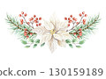 Christmas bouquet with white poinsettia flower, green fir branches, red berries, eucalyptus leaves. Hand drawn watercolor pastel illustration for New Year cards and banners. 130159189