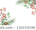 Christmas frame with fir branches, a sprig of red berries, green eucalyptus and a pine cone. Hand drawn watercolor pastel illustration for New Year cards and banners. 130159190