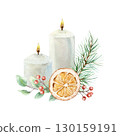 Christmas candles with green fir branch, red berries, eucalyptus leaves and orange slice. Hand drawn watercolor pastel illustration for New Year cards and posters. 130159191