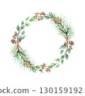 Christmas wreath with green fir branch, sprig of red berries, pine cone and eucalyptus. Hand drawn rustic watercolor pastel illustration for New Year cards and banners. 130159192