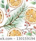 Christmas seamless pattern with dried orange slices, fir branches, red berries and green eucalyptus leaves. Hand drawn watercolor pastel illustration for New Year wrapping paper and textiles. 130159194