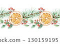 Christmas seamless border watercolor. Fir branches, orange slices, red berries and green eucalyptus leaves. Hand drawn pastel illustration for New Year cards and banners. 130159195