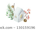 Christmas candlestick house with green fir branch, red berries, eucalyptus leaves and pine cones. Hand drawn watercolor pastel illustration for New Year cards and banners. 130159196