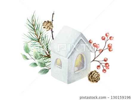 Christmas candlestick house with green fir branch, red berries, eucalyptus leaves and pine cones. Hand drawn watercolor pastel illustration for New Year cards and banners. 130159196