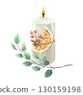 Christmas candle with a slice of dried orange, a sprig of red berries, a star anise and a branch of green eucalyptus. Hand drawn watercolor pastel illustration for New Year cards and banners. 130159198