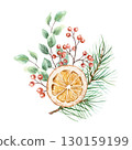 Christmas bouquet watercolor. Fir branches, orange slice, red berries and green eucalyptus leaves. Hand drawn pastel illustration for New Year cards and posters. 130159199