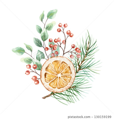 Christmas bouquet watercolor. Fir branches, orange slice, red berries and green eucalyptus leaves. Hand drawn pastel illustration for New Year cards and posters. 130159199
