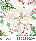 Christmas seamless pattern with white poinsettia flower, fir branches, red berries and green eucalyptus leaves. Hand drawn watercolor pastel illustration for New Year wrapping paper and textile. 130159200