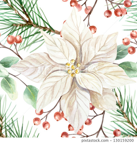 Christmas seamless pattern with white poinsettia flower, fir branches, red berries and green eucalyptus leaves. Hand drawn watercolor pastel illustration for New Year wrapping paper and textile. 130159200