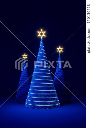 Blue neon Christmas trees with glowing stars on dark background. perfect for New Year cards, banners, or festive visuals. 130159218