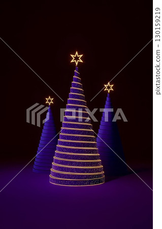 Purple Christmas trees with glowing stars in minimal dark background. Futuristic holiday concept, ideal for New Year 130159219
