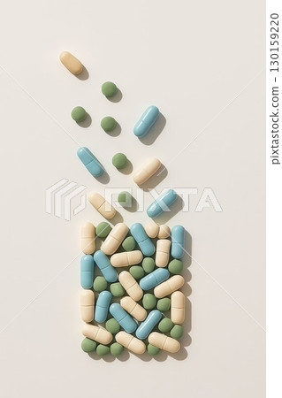 Colorful capsules and pills falling into container shape, 3D render. healthcare, supplements, medication, pharmaceutical Colorful capsules and pills falling into container shape, 3D render. healthcare, supplements, medication, pharmaceutical 130159220