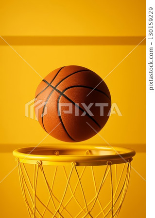 Basketball flying above yellow hoop on vibrant background. Ideal for fitness, teamwork and youth themes. Basketball flying above yellow hoop on vibrant background. Ideal for fitness, teamwork and youth themes. 130159229
