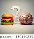 Fast food vs brain health concept with burger question mark and human brain eating decision 3D render on neutral background 130159235