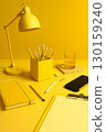 Yellow desk workspace with stationery, lamp and smartphone. notebook, clipboard, phone, and glass of water 130159240