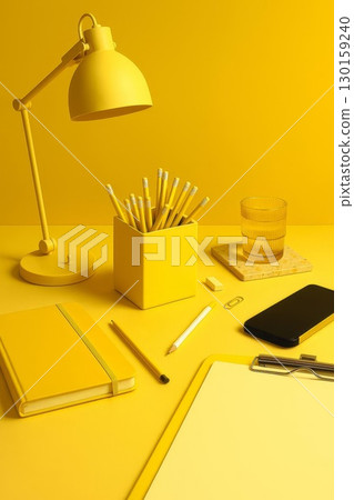 Yellow desk workspace with stationery, lamp and smartphone. notebook, clipboard, phone, and glass of water 130159240