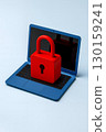 Red lock on blue laptop symbolizing online security and protection. Concept image for cybersecurity, password safety 130159241