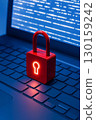 Cyber security concept with red lock on laptop keyboard, close-up. Conceptual image for digital safety, encryption 130159242