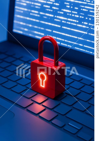 Cyber security concept with red lock on laptop keyboard, close-up. Conceptual image for digital safety, encryption 130159242