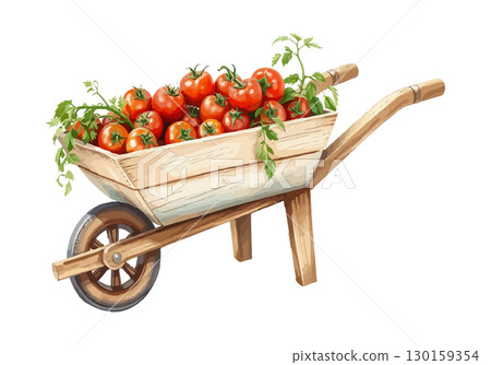 Wheelbarrow full of tomatoes vector illustration. 130159354