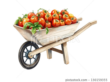 Wheelbarrow full of tomatoes vector illustration. 130159355
