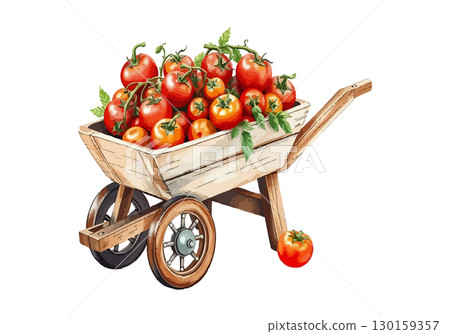 Wheelbarrow full of tomatoes vector illustration. 130159357