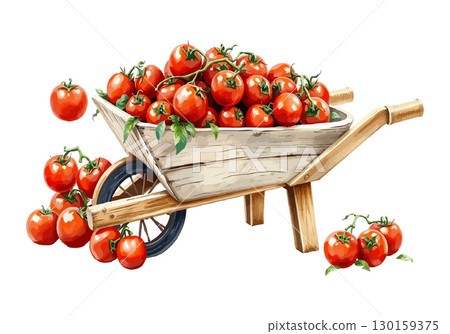 Wheelbarrow full of tomatoes vector illustration. 130159375