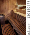 Relaxing Wooden Sauna Interior, Wooden sauna interior with pebbles in a wooden box 130159476