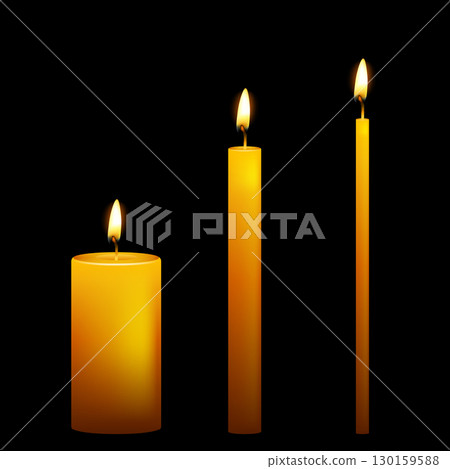 Burning Candles Vector Illustration, Realistic Set of Wax Candles with Flame, Decorative Candlelight Template, Isolated Candle Icons for Spa, Relaxation, Holiday, Memorial, Church and Romantic Designs Burning Candles Vector Illustration, Realistic Set of Wax Candles with Flame, Decorative Candlelight Template, Isolated Candle Icons for Spa, Relaxation, Holiday, Memorial, Church and Romantic Designs 130159588