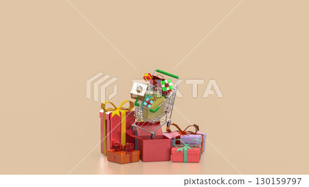 The Shopping Cart and Gift box for Holiday promotion concept 3d Rendering. 130159797