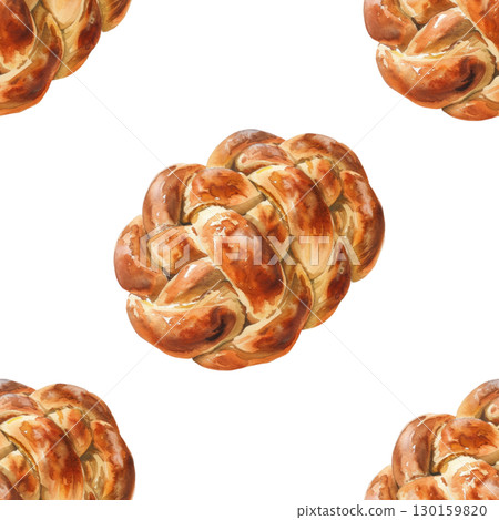 Watercolor repeating pattern of braided challah bread with sesame seeds and glossy finish. Versatile design for holiday menus and culinary content 130159820