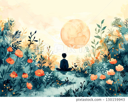 Person meditating in floral landscape at sunrise 130159943
