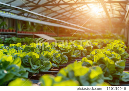 Lush green lettuce growing in greenhouse 130159946