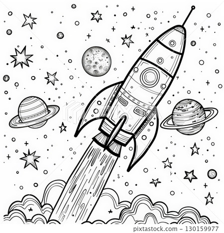 Rocket ship in outer space illustration 130159977