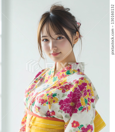 Japanese woman wearing a vibrant yukata 130160132