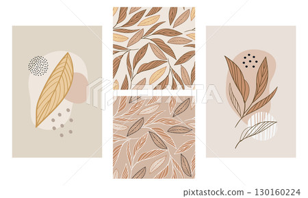 Seamless pattern and posters with abstract leaves and dots vector Seamless pattern and posters with abstract leaves and dots vector 130160224