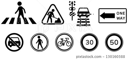 Traffic sign icon set: Crosswalk, Under construction, One-way street, Railroad crossing, Speed limit 130160388