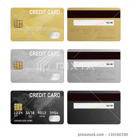 Vector Credit Card Set. Realistic Credit Card Collection, Plastic Credit Card Mockup in Gold, Silver and Black, Isolated Payment Cards for Banking, Finance and Online Shopping Illustration Vector Credit Card Set. Realistic Credit Card Collection, Plastic Credit Card Mockup in Gold, Silver and Black, Isolated Payment Cards for Banking, Finance and Online Shopping Illustration 130160390