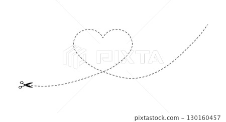 Heart shape with dotted line and scissors, symbolizing cutting love. 130160457