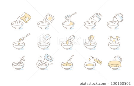 Preparation and cooking pastry dishes icons set. Basic baking supplies. Pour, add, mix ingredient for different recipes 130160501