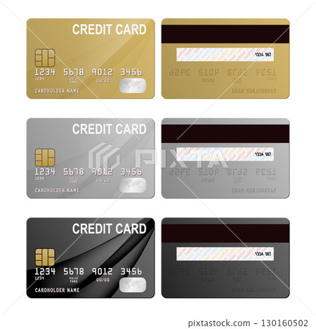 Vector Credit Card Set. Realistic Credit Card Collection, Plastic Credit Card Mockup in Gold, Silver and Black, Isolated Payment Cards for Banking, Finance and Online Shopping Illustration 130160502