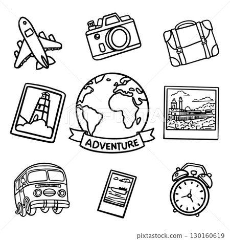 Travel icon set - hand drawn. Black with white outline drawing for travel tourism Travel icon set - hand drawn. Black with white outline drawing for travel tourism 130160619