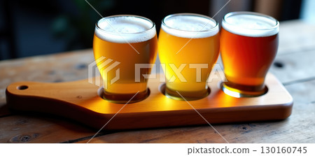 Three featuring beer glasses on wooden tray 130160745