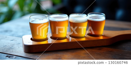 Four featuring glasses of beer on wooden paddle 130160746