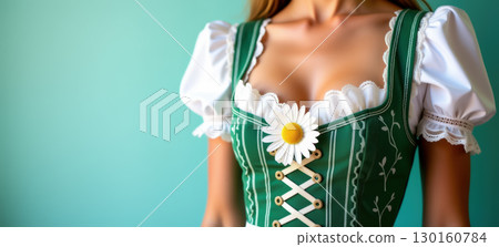 Woman in traditional dirndl holding flower 130160784