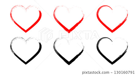 Hand-drawn brushstroke heart outlines in red and black on a white background, symbolizing love, romance, affection, and artistic expression in minimal style. 130160791