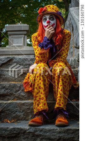 Clown resting on steps in a vibrant costume 130160798