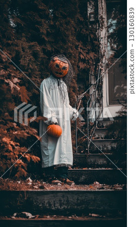 Spooky figure with pumpkin in autumn leaves 130160839